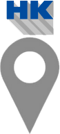 Gray location pin icon with HK in blue and shadowed block letters above